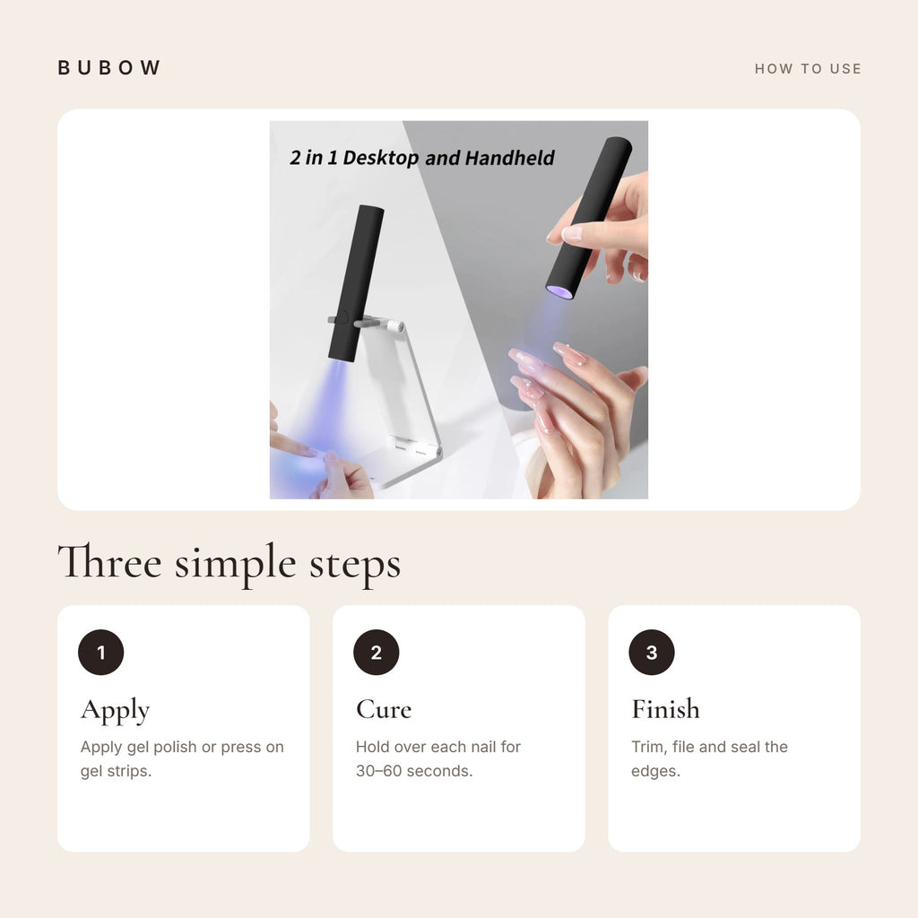 How to use the BUBOW Cordless Mini UV LED Nail Lamp with Stand in three steps