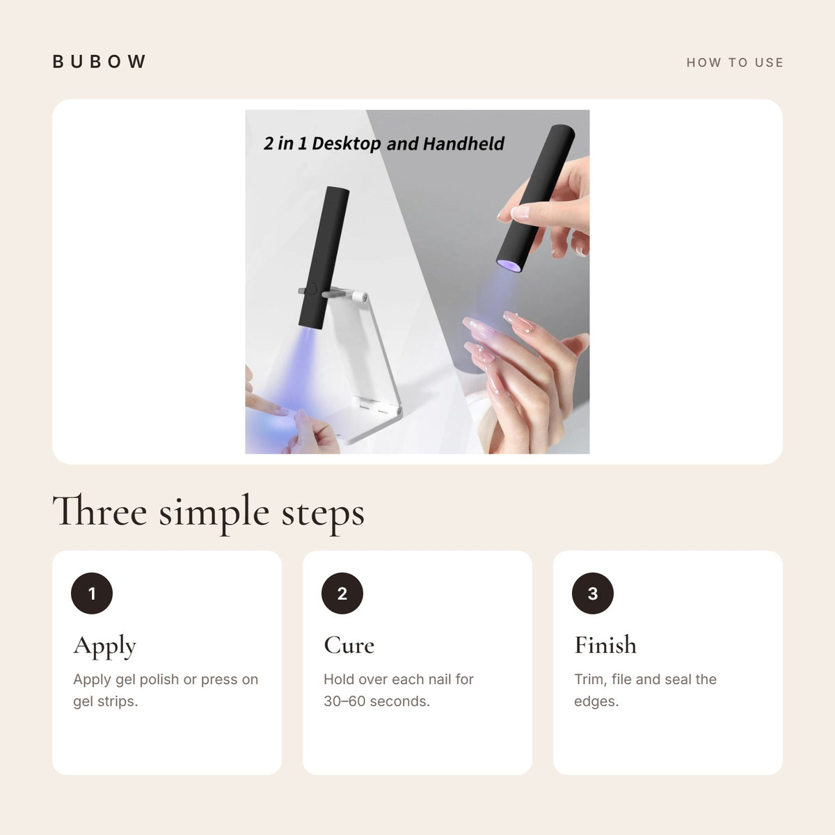 How to use the BUBOW Cordless Mini UV LED Nail Lamp with Stand in three steps