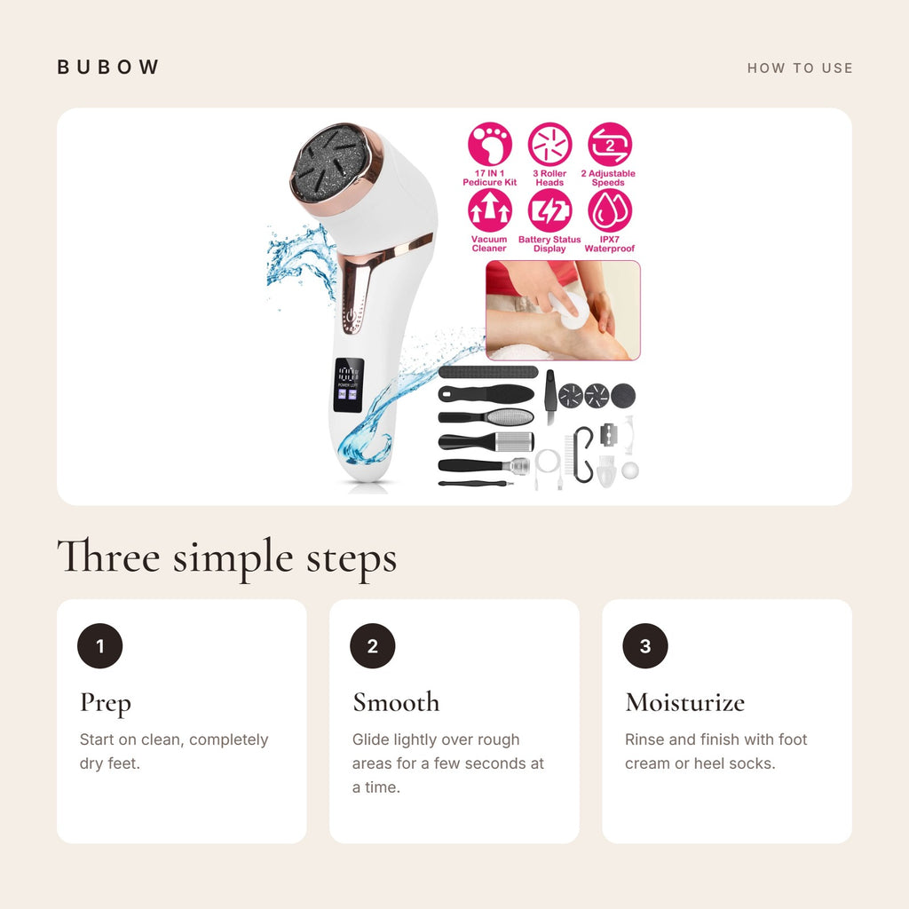 How to use the BUBOW Rechargeable Electric Foot File Pedicure Kit in three steps