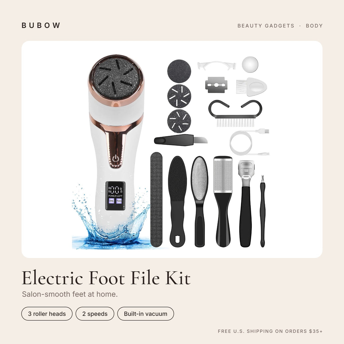 BUBOW Rechargeable Electric Foot File Pedicure Kit – Salon-smooth feet at home.