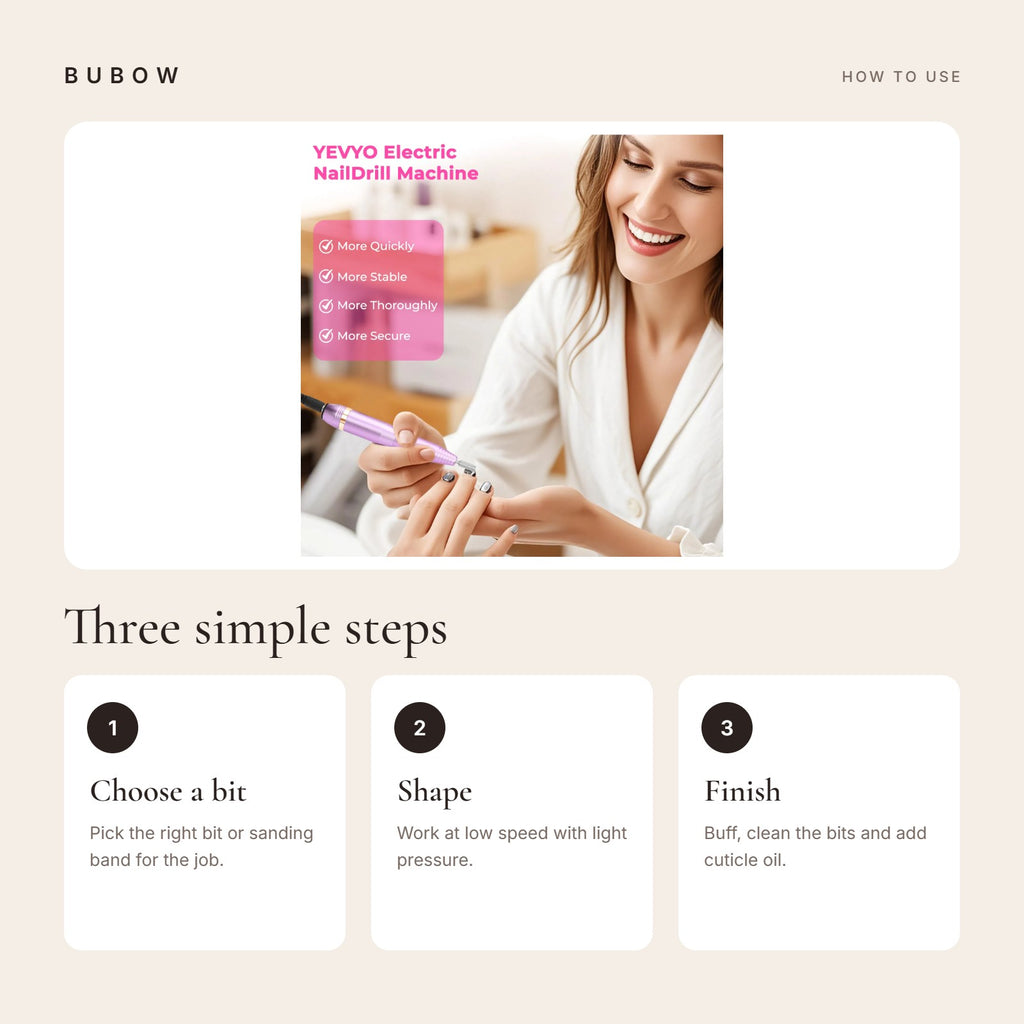How to use the BUBOW Portable Electric Nail File Manicure Kit in three steps