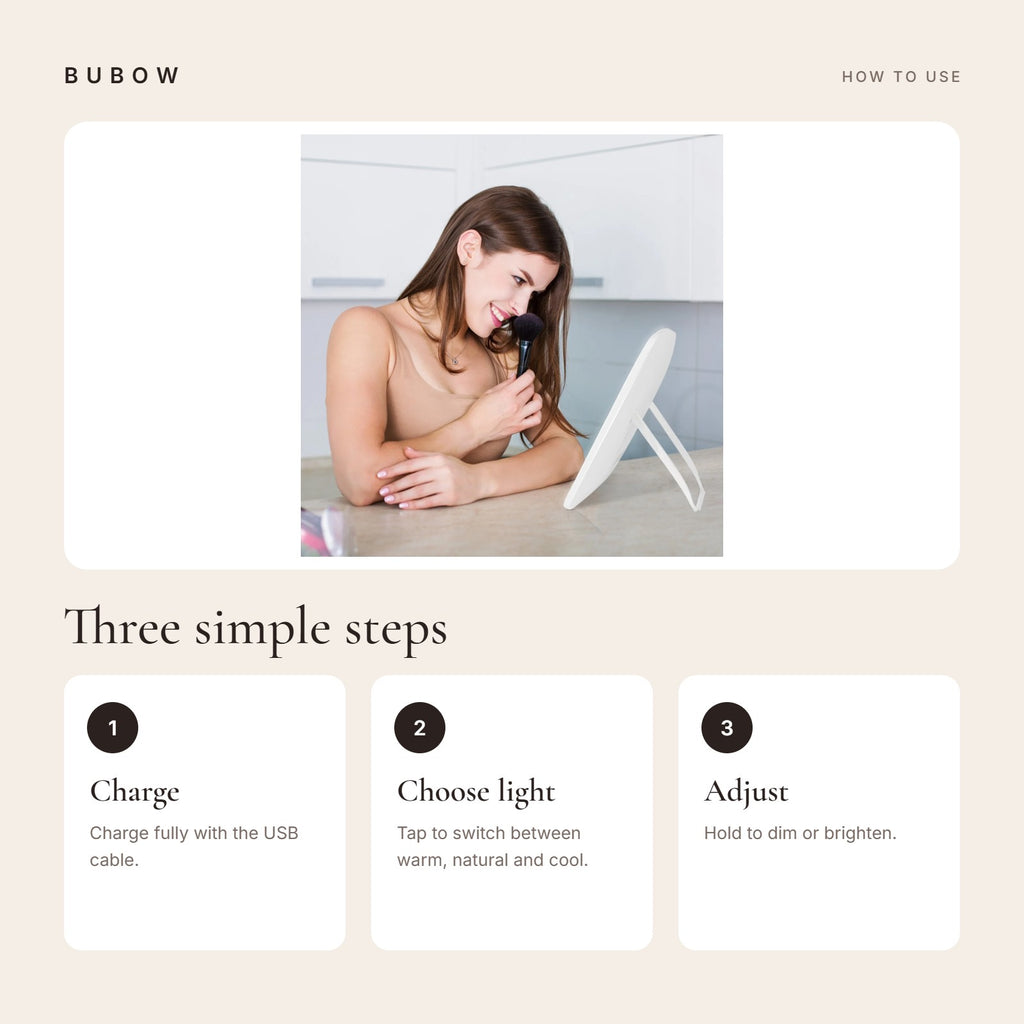 How to use the BUBOW LED Lighted Makeup Mirror with Touch Dimmer in three steps