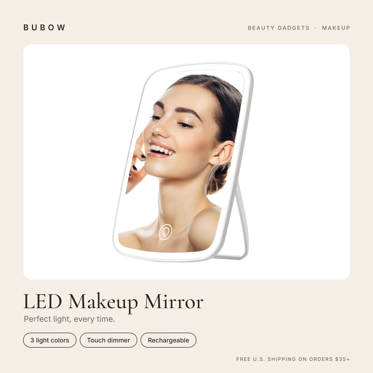 BUBOW LED Lighted Makeup Mirror with Touch Dimmer – Perfect light, every time.