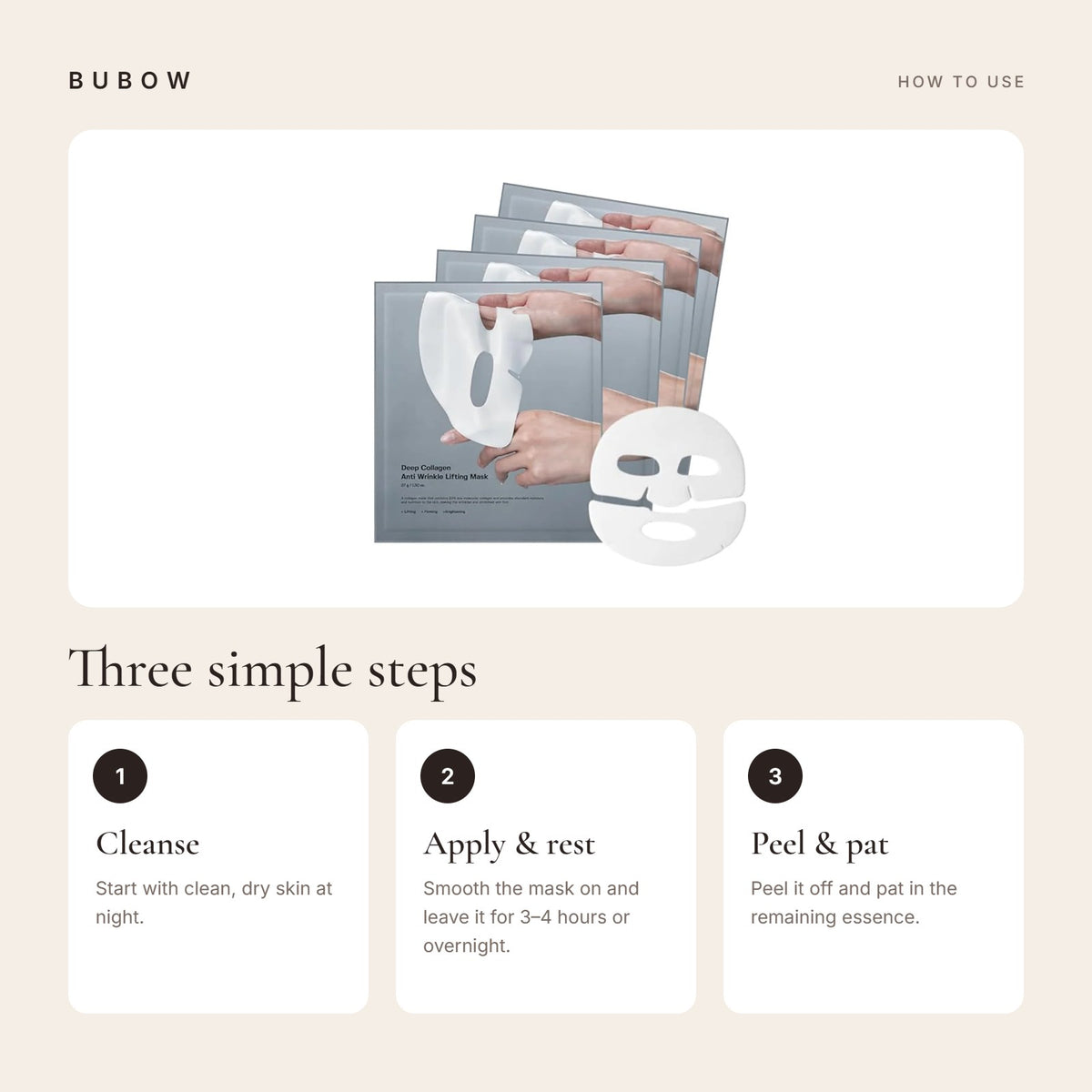 How to use the BUBOW Overnight Collagen Jelly Mask in three steps