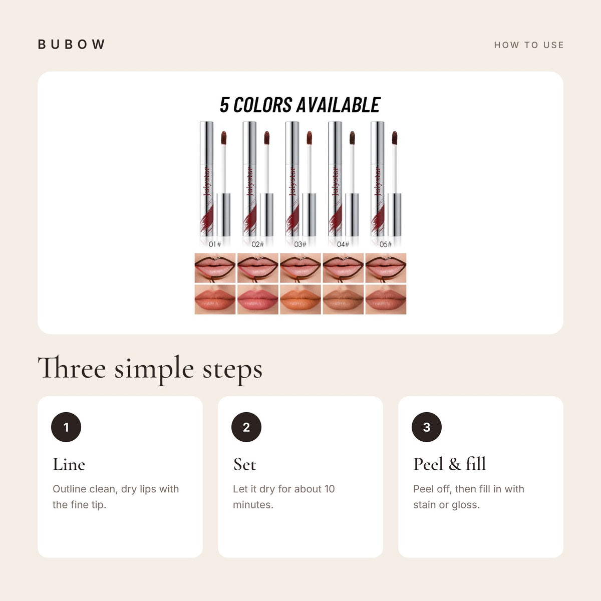 How to use the BUBOW Peel-Off Lip Liner in three steps