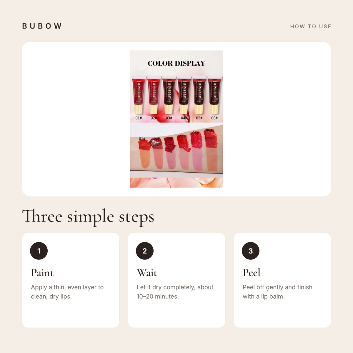 How to use the BUBOW Peel-Off Lip Stain in three steps