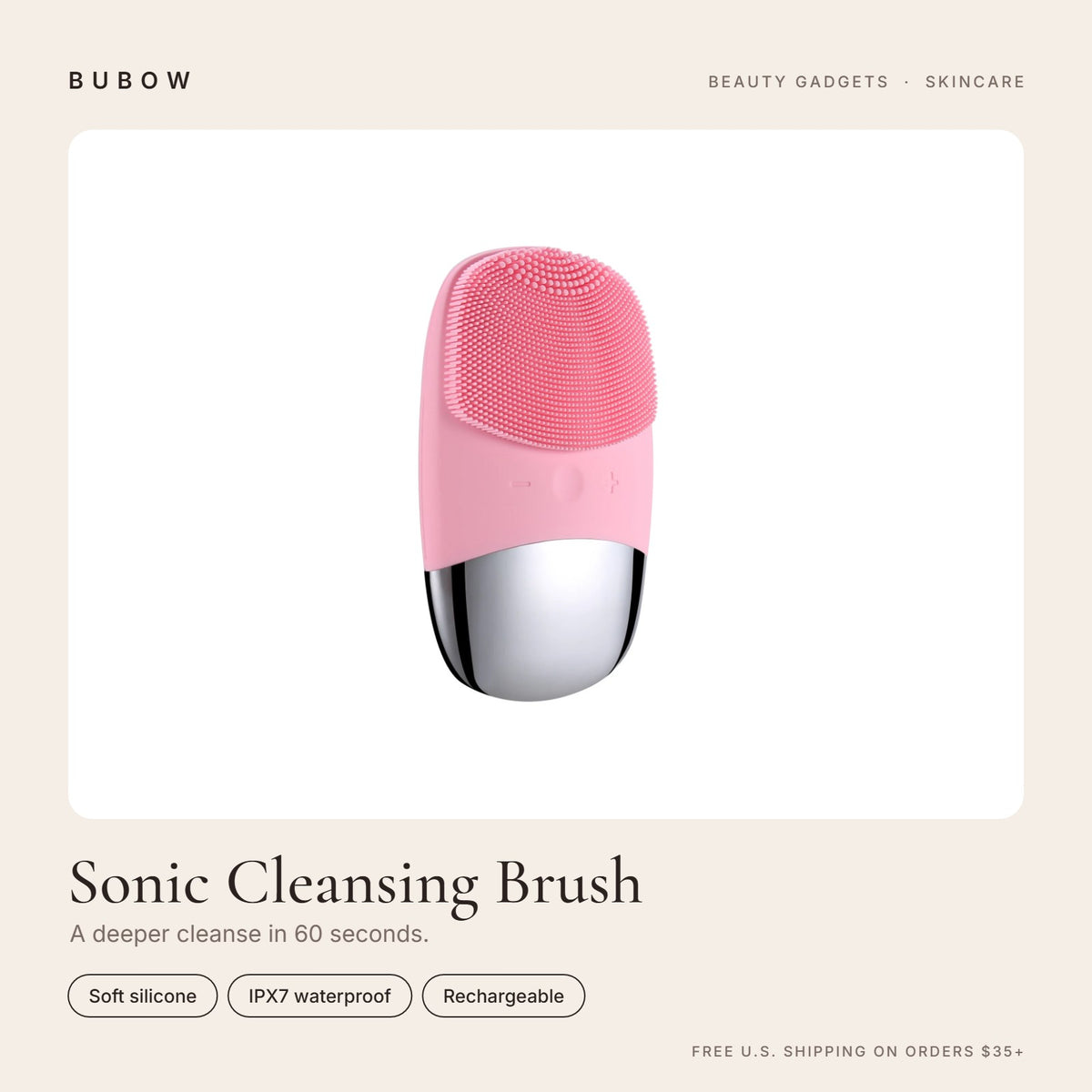 BUBOW Sonic Silicone Facial Cleansing Brush – A deeper cleanse in 60 seconds.