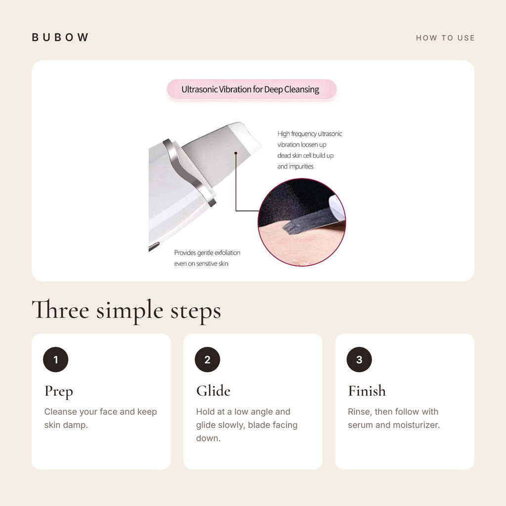 How to use the BUBOW Ultrasonic Skin Scrubber Facial Spatula in three steps