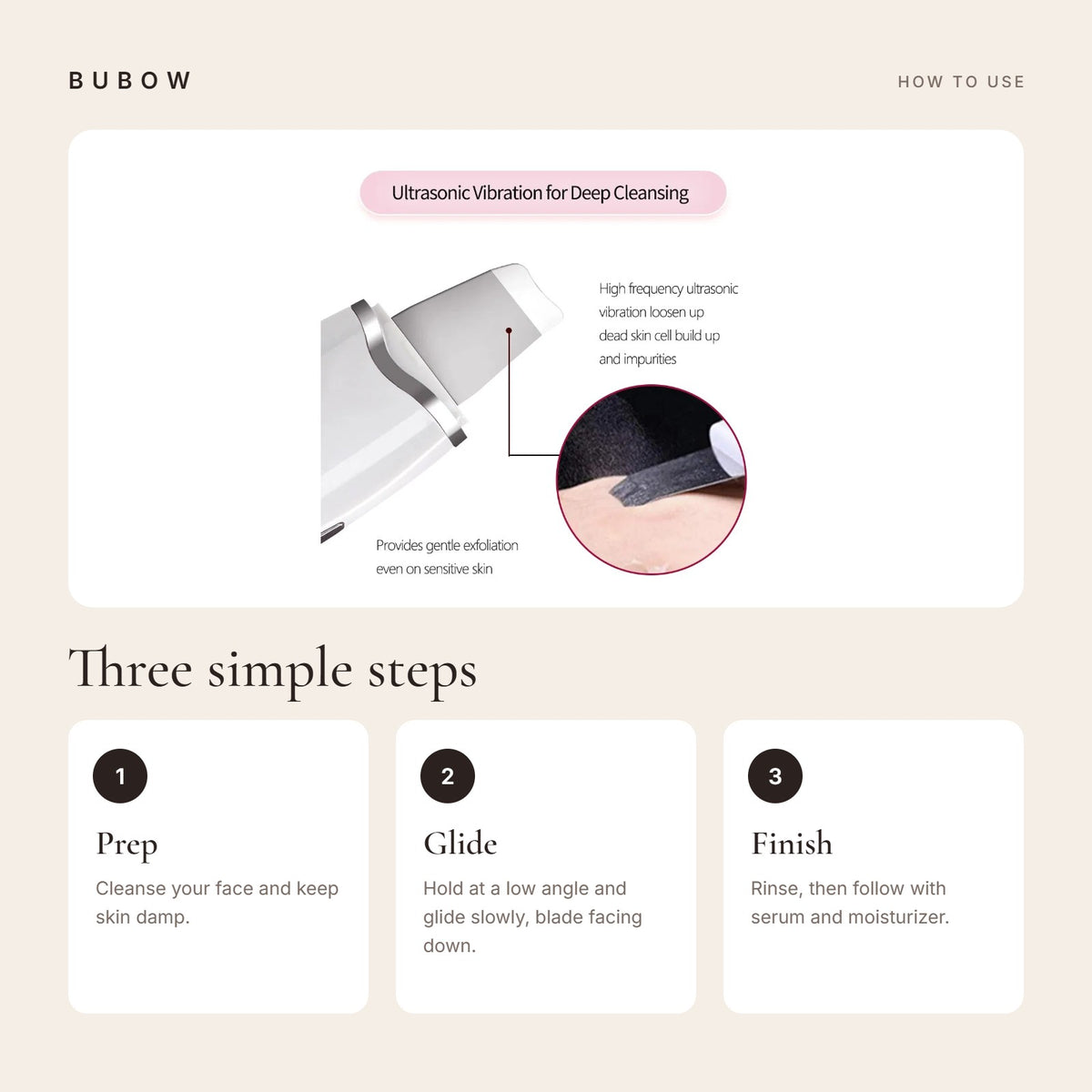 How to use the BUBOW Ultrasonic Skin Scrubber Facial Spatula in three steps